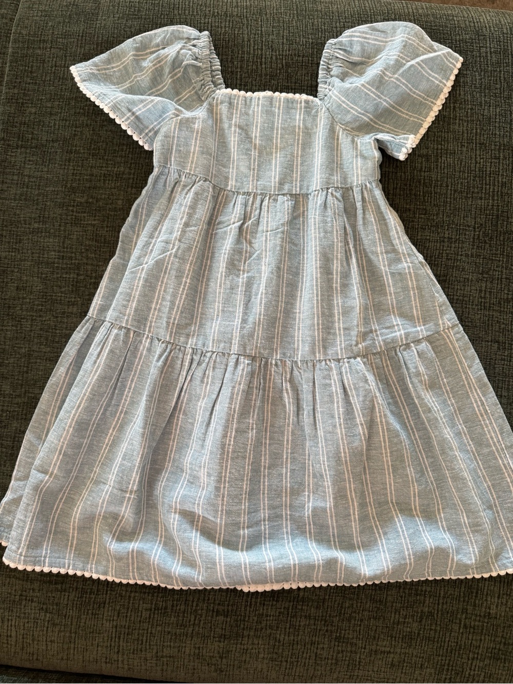 Girls Light Blue Striped Tiered Cotton Dress with Puff Sleeves